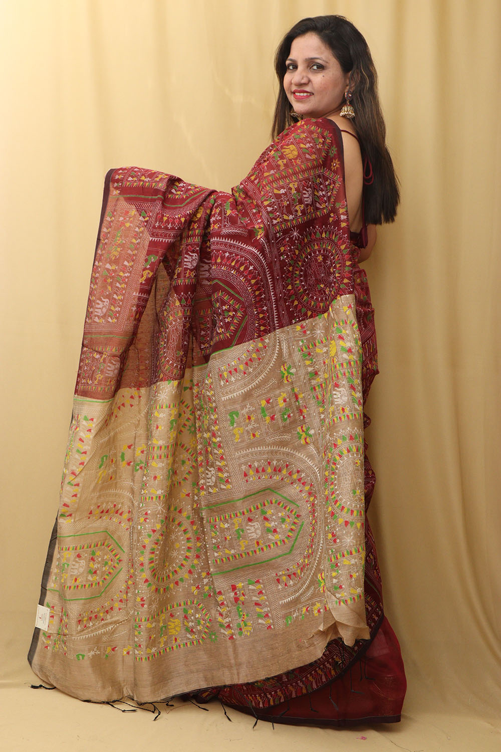 Vibrant Maroon Madhubani Digital Printed Silk Saree - Luxurion World