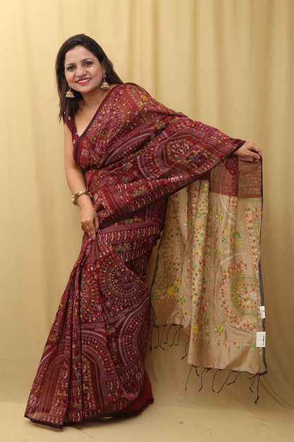 Vibrant Maroon Madhubani Digital Printed Silk Saree - Luxurion World