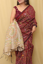 Vibrant Maroon Madhubani Digital Printed Silk Saree - Luxurion World