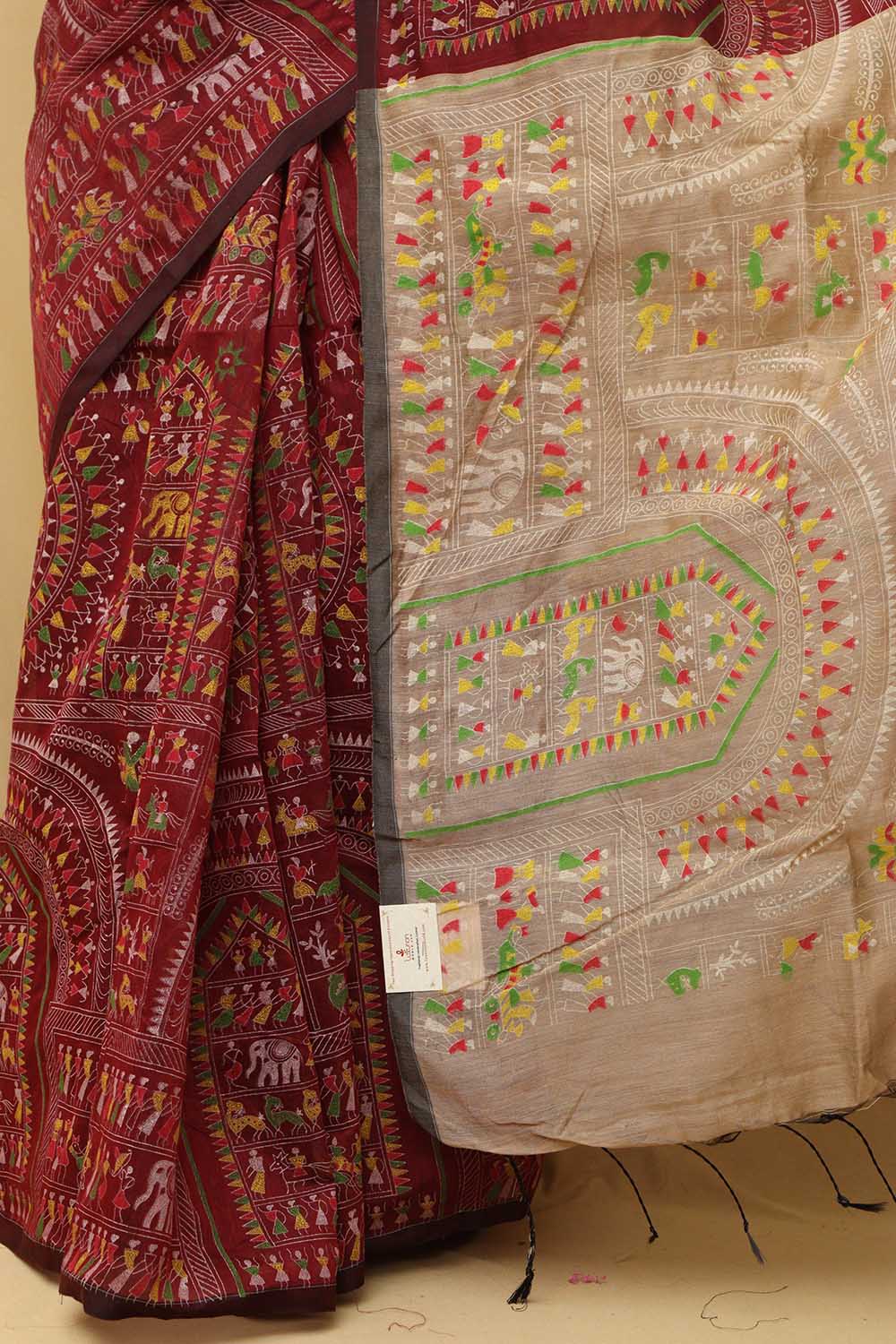 Vibrant Maroon Madhubani Digital Printed Silk Saree - Luxurion World
