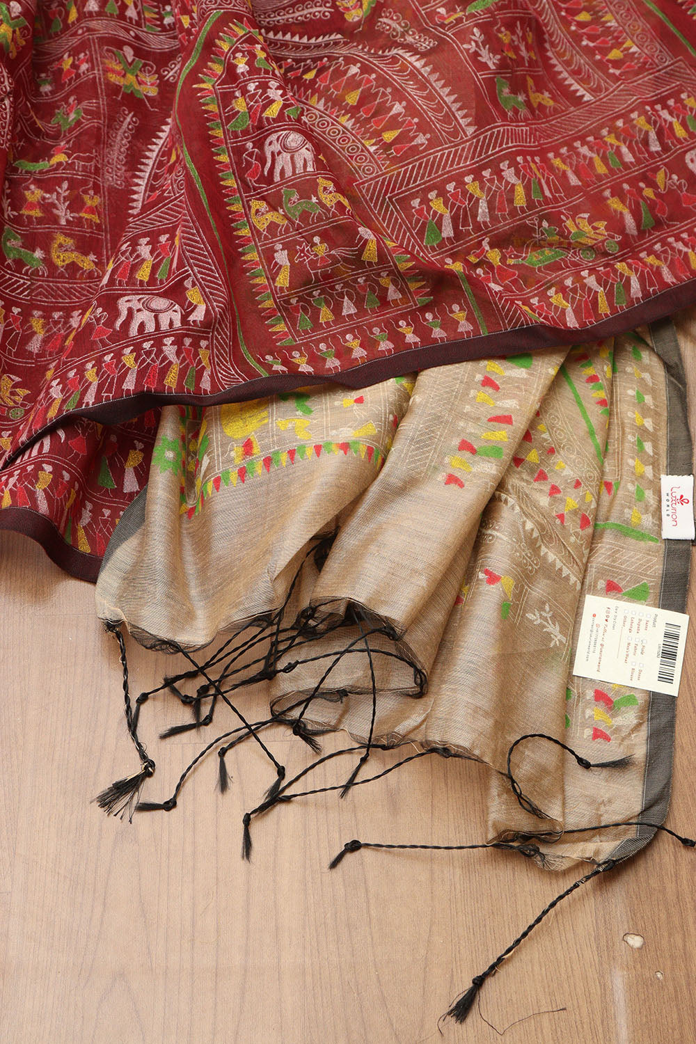Vibrant Maroon Madhubani Digital Printed Silk Saree - Luxurion World