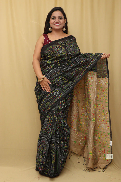 1 Min Ready To Wear - Black Madhubani Cotton Silk Saree - Luxurion World