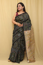 1 Min Ready To Wear - Black Madhubani Cotton Silk Saree - Luxurion World