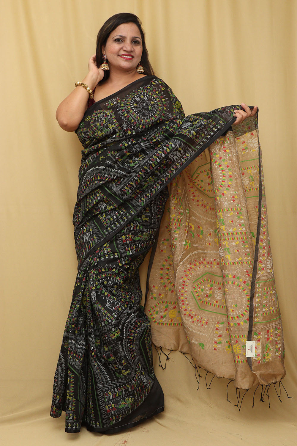 Exquisite Black Madhubani Cotton Silk Saree - Luxurion World