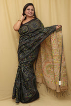 1 Min Ready To Wear - Black Madhubani Cotton Silk Saree - Luxurion World