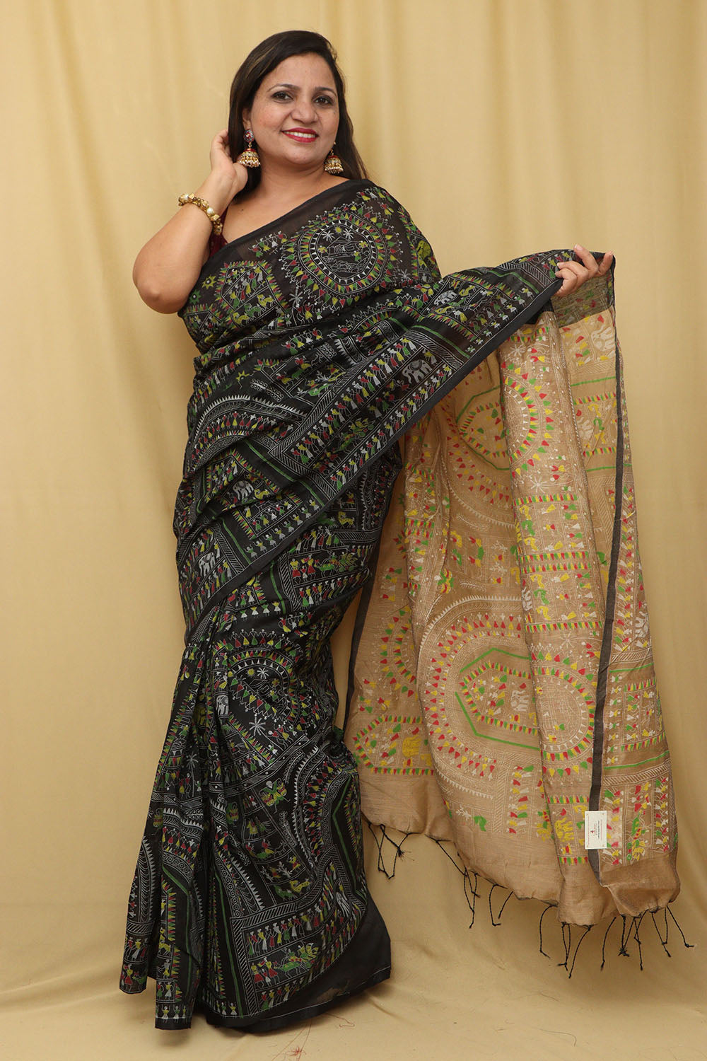 1 Min Ready To Wear - Black Madhubani Cotton Silk Saree - Luxurion World