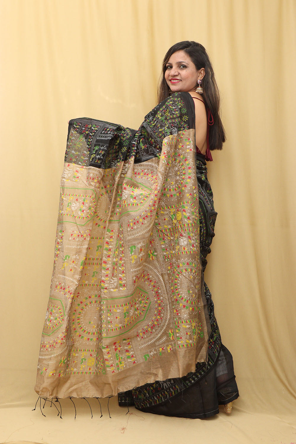 1 Min Ready To Wear - Black Madhubani Cotton Silk Saree - Luxurion World