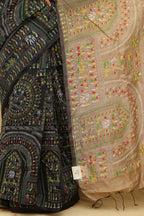 1 Min Ready To Wear - Black Madhubani Cotton Silk Saree - Luxurion World