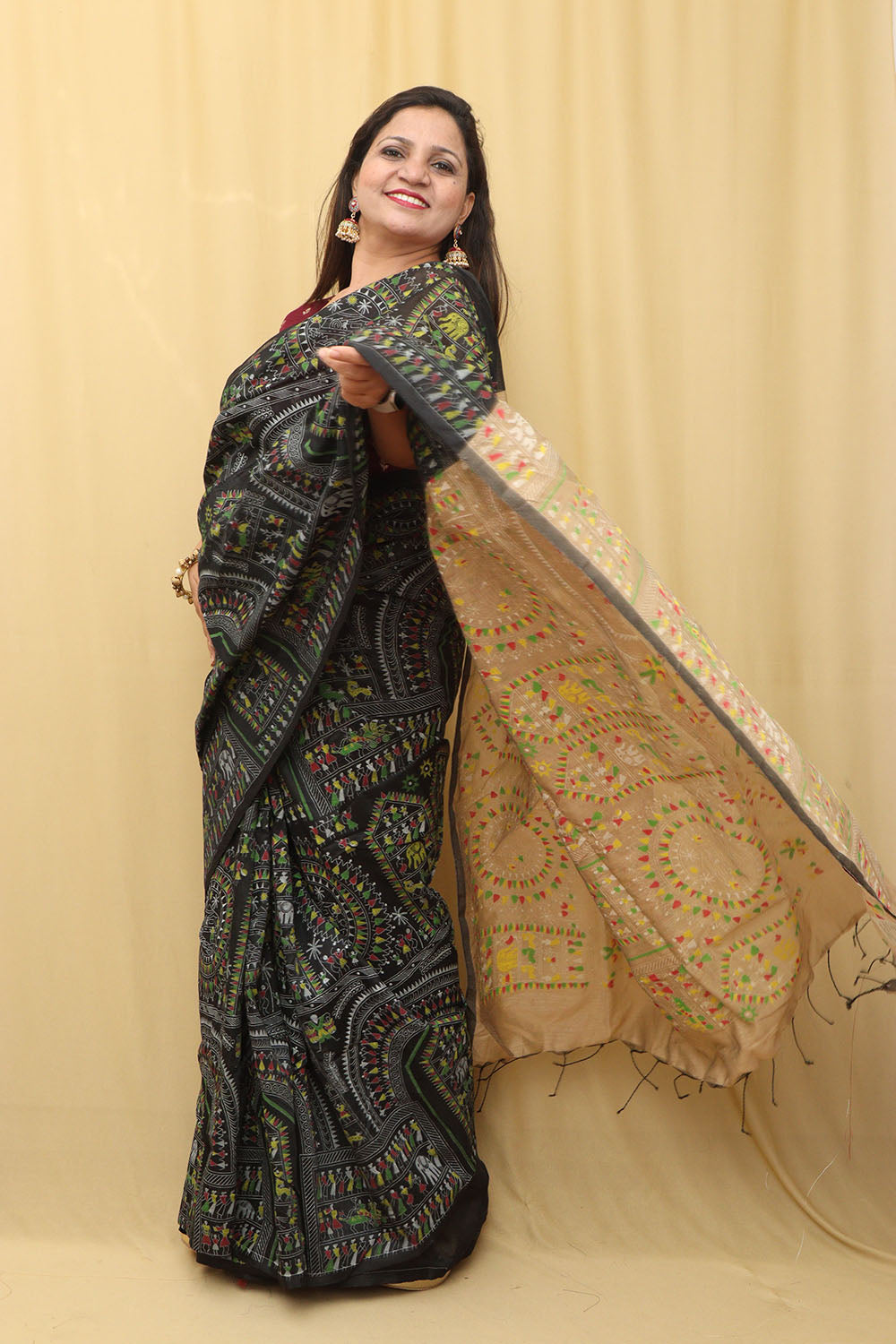 1 Min Ready To Wear - Black Madhubani Cotton Silk Saree - Luxurion World