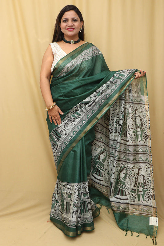 Vibrant Green Madhubani Silk Saree with Digital Print - Luxurion World