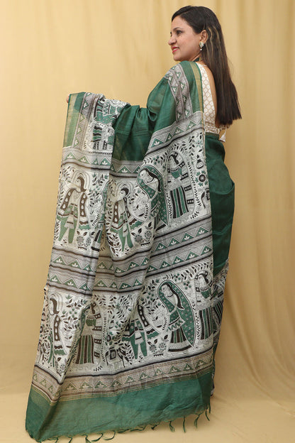 Vibrant Green Madhubani Silk Saree with Digital Print - Luxurion World