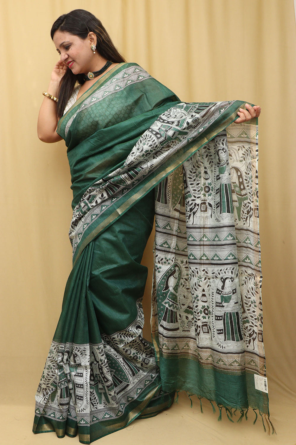 Vibrant Green Madhubani Silk Saree with Digital Print - Luxurion World