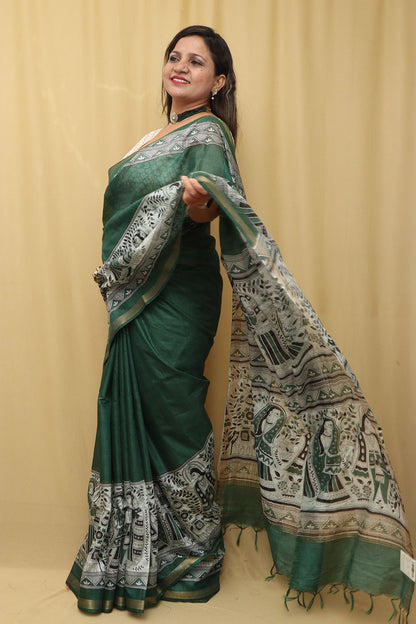 Vibrant Green Madhubani Silk Saree with Digital Print - Luxurion World