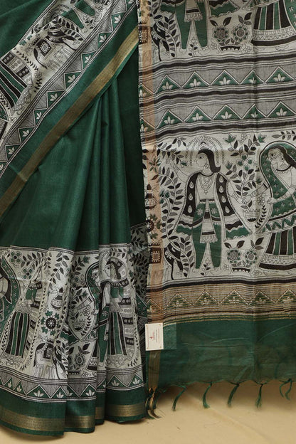 Vibrant Green Madhubani Silk Saree with Digital Print - Luxurion World