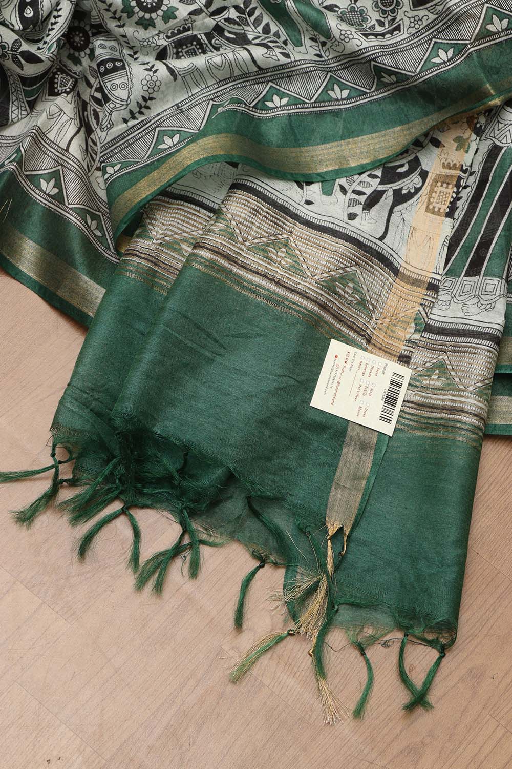 Vibrant Green Madhubani Silk Saree with Digital Print - Luxurion World