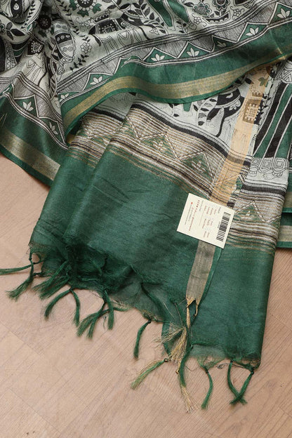 Vibrant Green Madhubani Silk Saree with Digital Print - Luxurion World