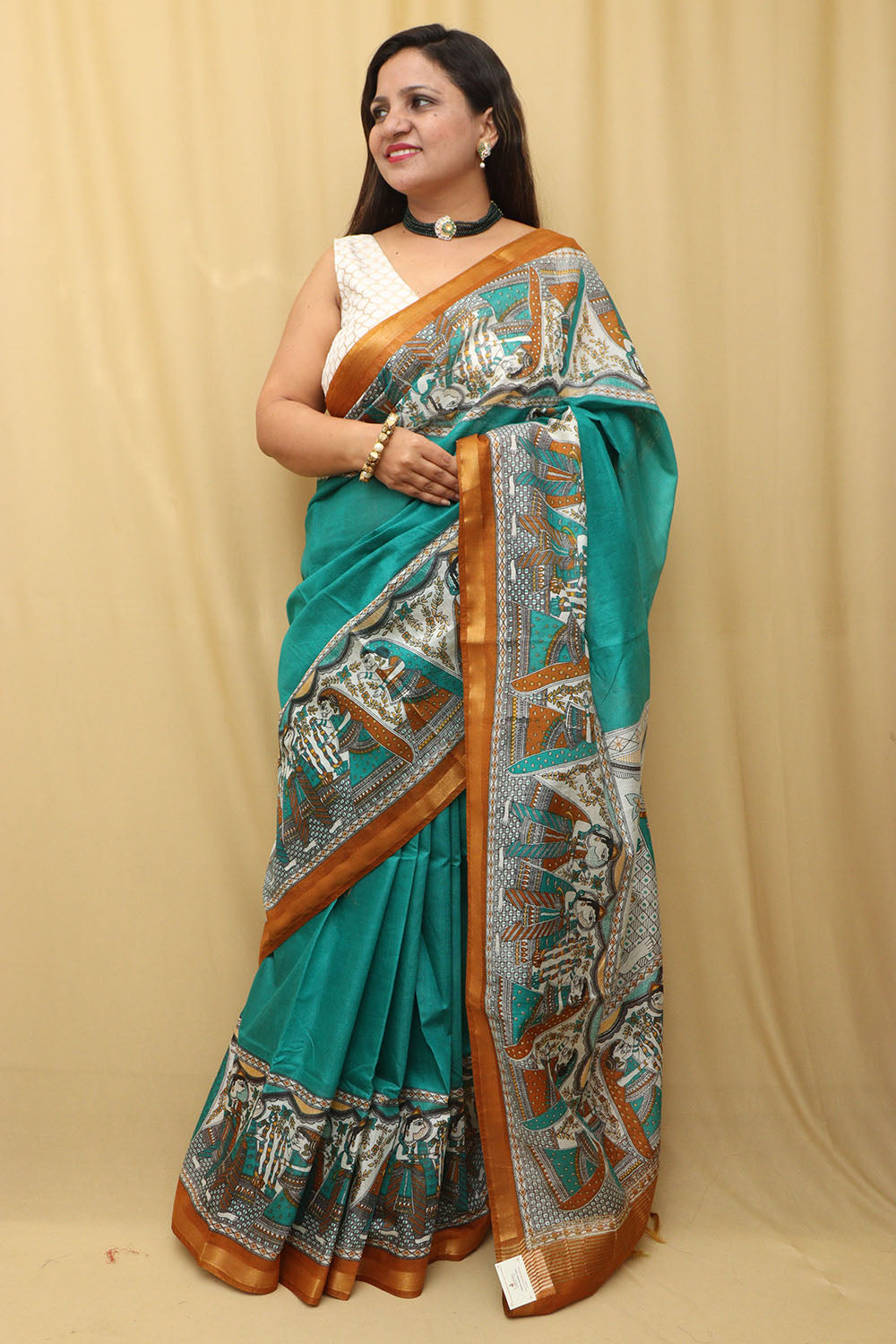 Teal Silk Madhubani Woven Saree