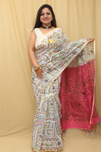 1 Min Ready To Wear - Off White Madhubani Digital Printed Saree - Luxurion World