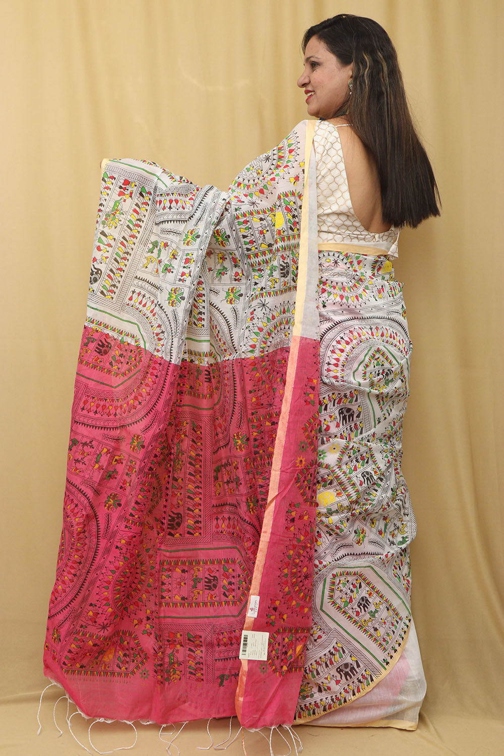 1 Min Ready To Wear - Off White Madhubani Digital Printed Saree - Luxurion World