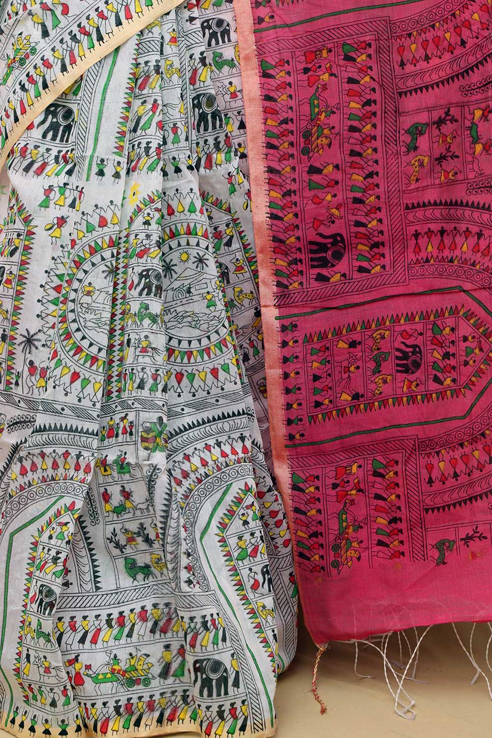 1 Min Ready To Wear - Off White Madhubani Digital Printed Saree - Luxurion World