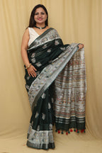 Vibrant Green Madhubani Silk Saree with Digital Print - Luxurion World