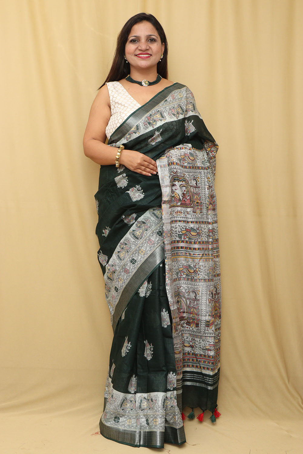 Vibrant Green Madhubani Silk Saree with Digital Print - Luxurion World