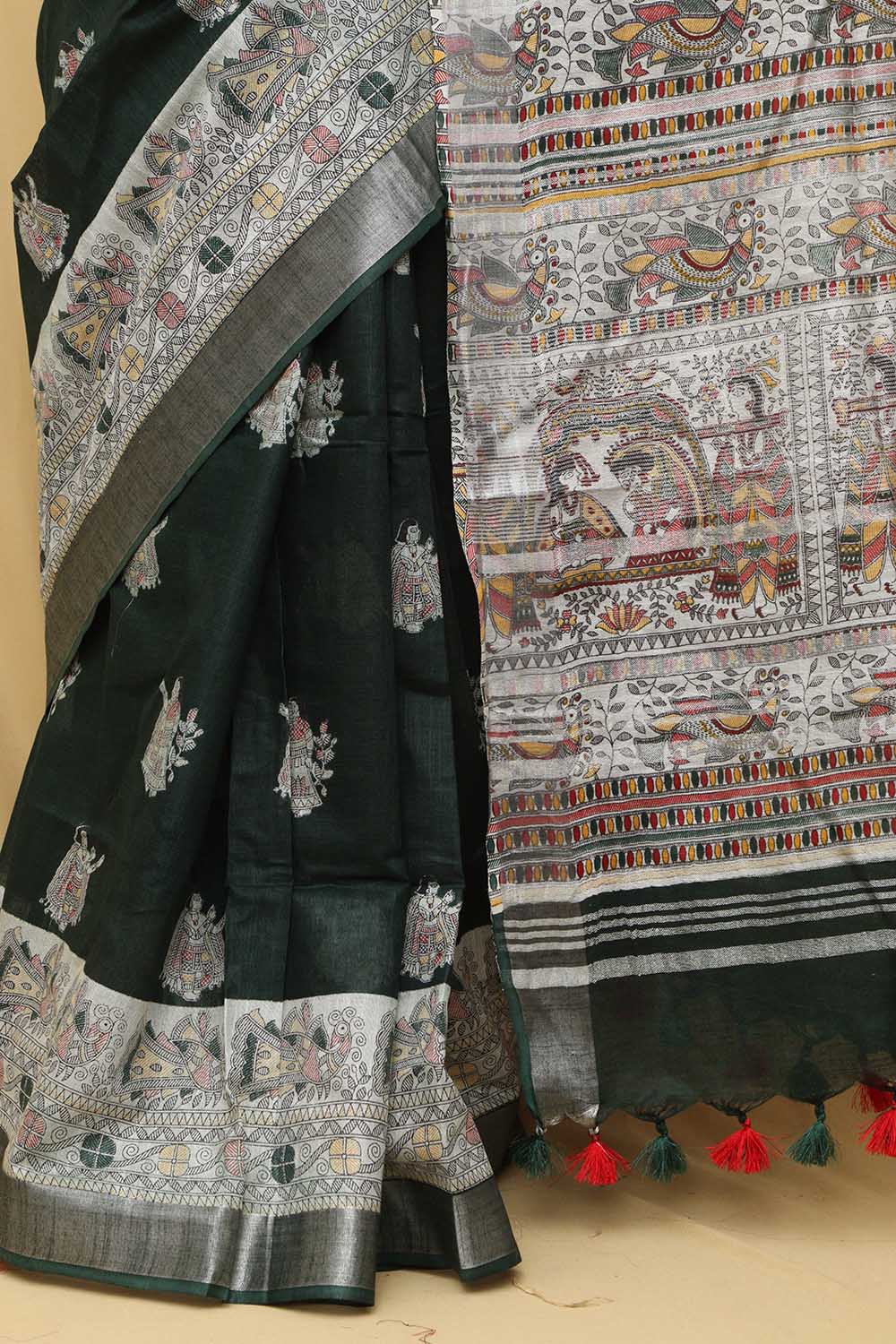Vibrant Green Madhubani Silk Saree with Digital Print - Luxurion World