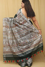 Vibrant Green Madhubani Silk Saree with Digital Print - Luxurion World