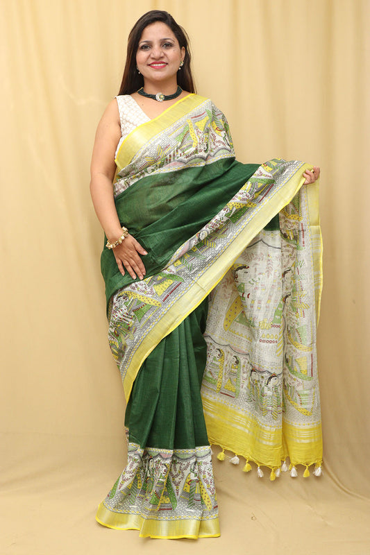 Green Madhubani Cotton Silk Saree - Digital Print - Luxurion World