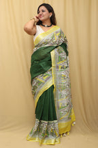 Green Madhubani Cotton Silk Saree - Digital Print - Luxurion World