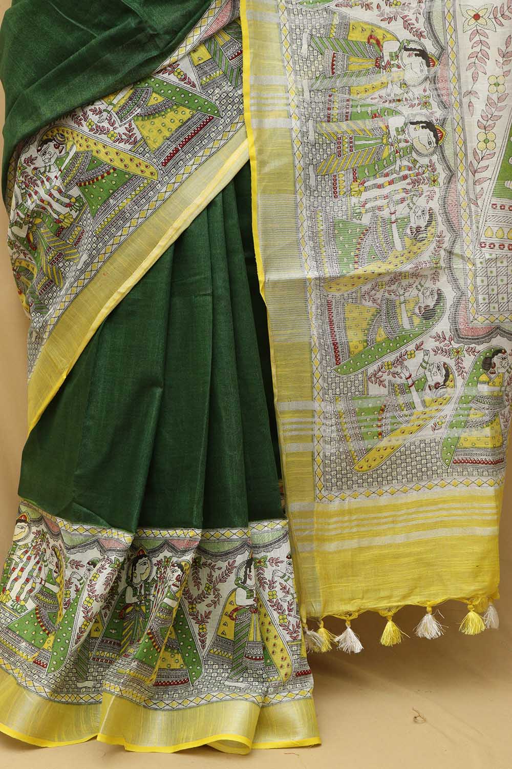 Green Madhubani Cotton Silk Saree - Digital Print - Luxurion World