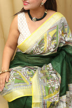 Green Madhubani Cotton Silk Saree - Digital Print - Luxurion World