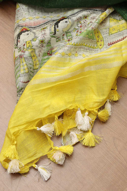 Green Madhubani Cotton Silk Saree - Digital Print - Luxurion World