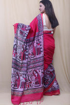Vibrant Pink Madhubani Cotton Silk Saree - Luxurion World