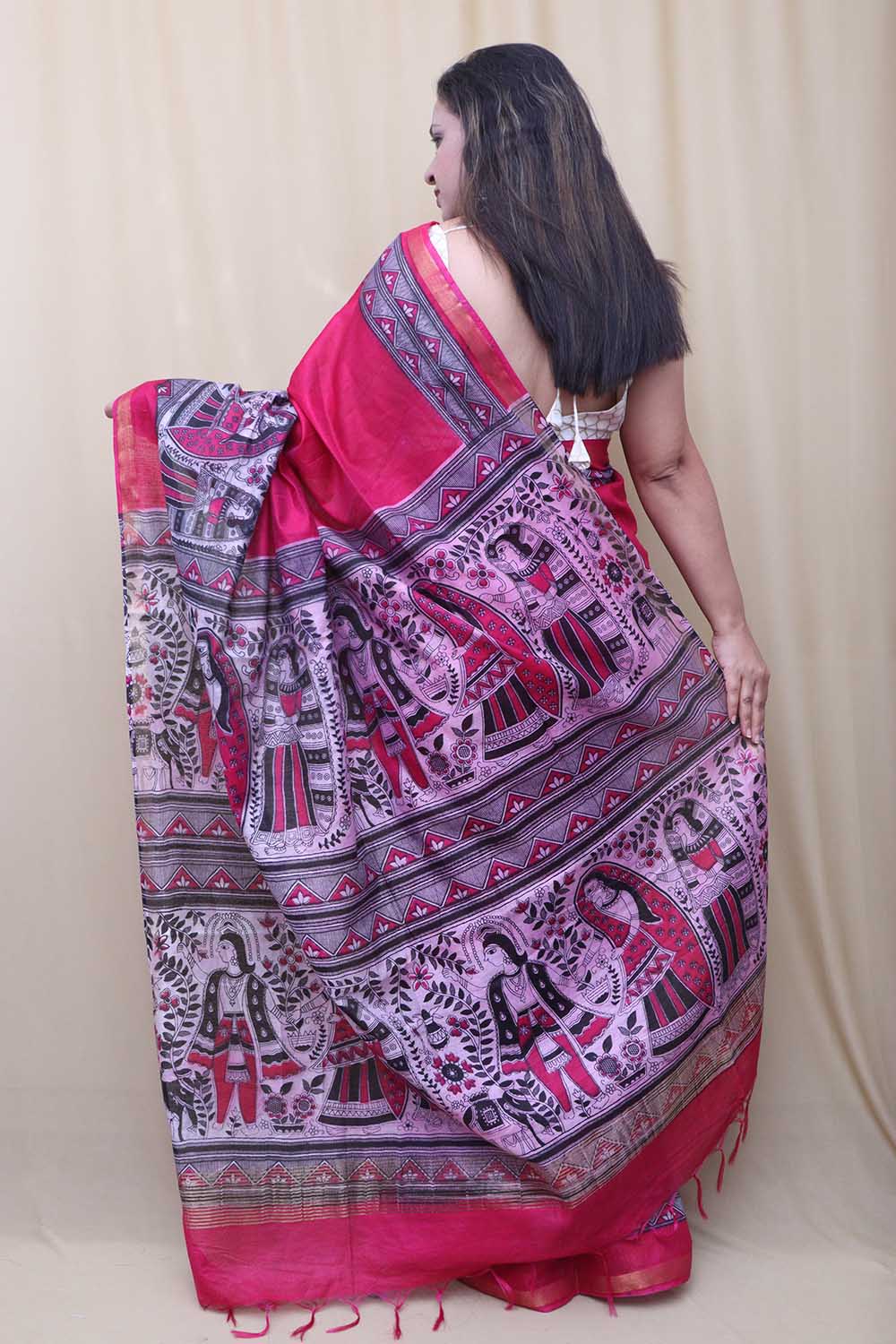 Vibrant Pink Madhubani Cotton Silk Saree - Luxurion World
