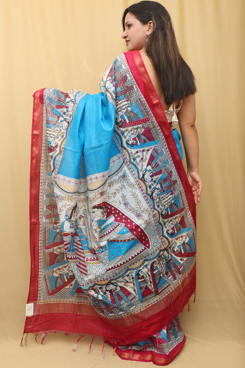 Stunning Blue Madhubani Digital Printed Cotton Silk Saree - Luxurion World
