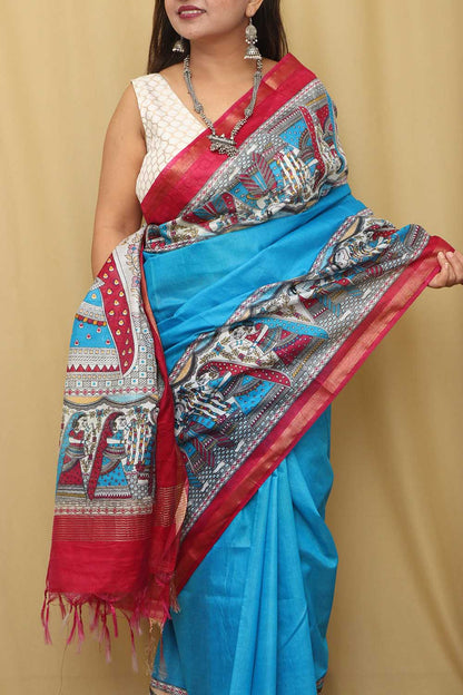 Stunning Blue Madhubani Digital Printed Cotton Silk Saree - Luxurion World