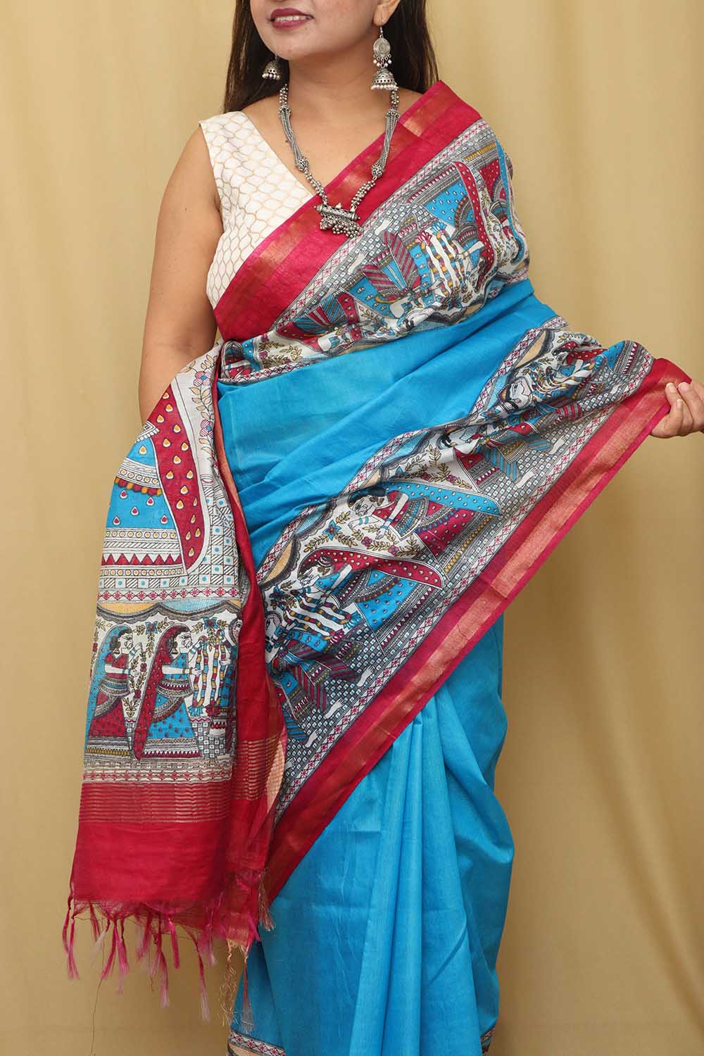 Stunning Blue Madhubani Digital Printed Cotton Silk Saree - Luxurion World