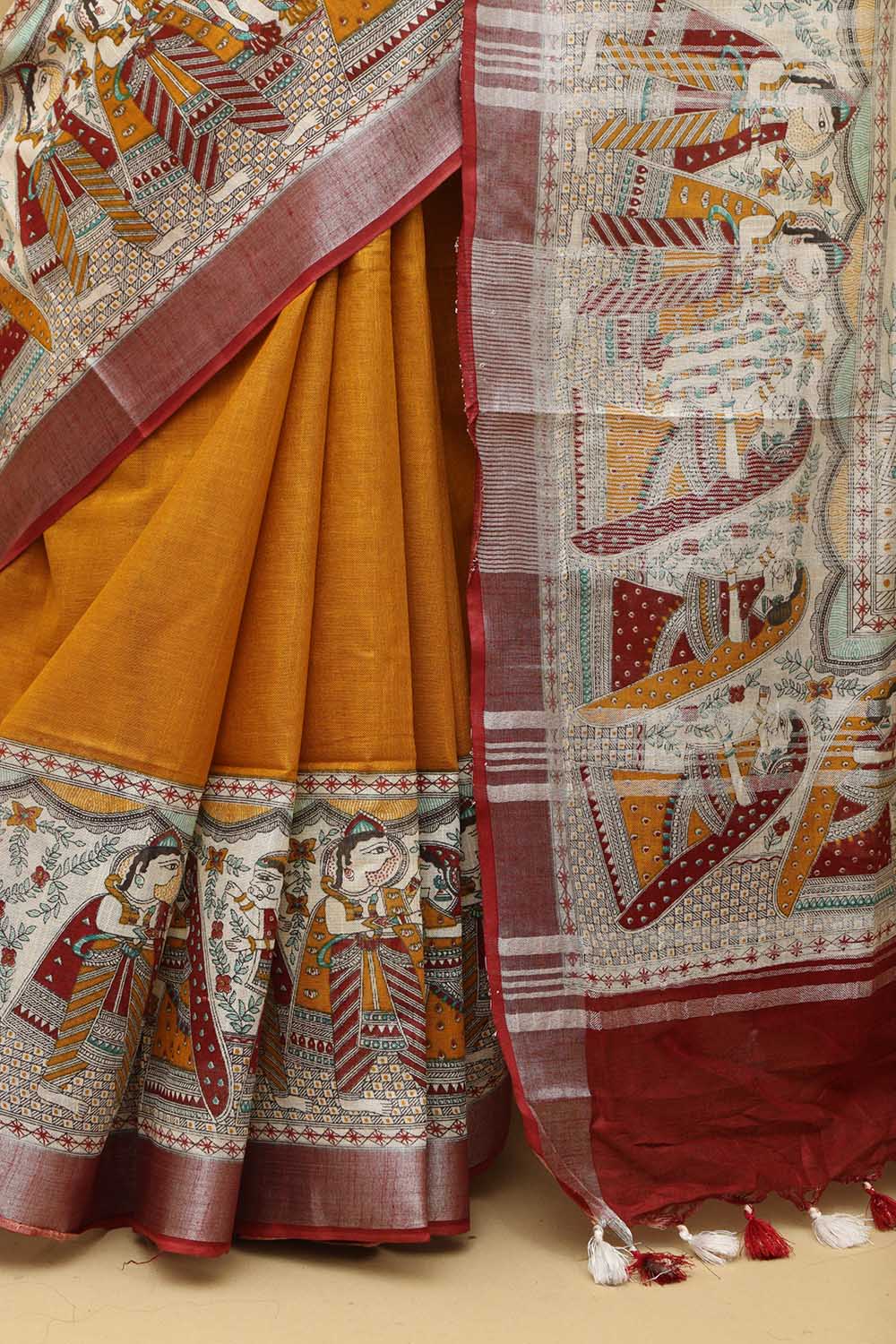 Vibrant Yellow Madhubani Cotton Silk Saree: Digital Print - Luxurion World