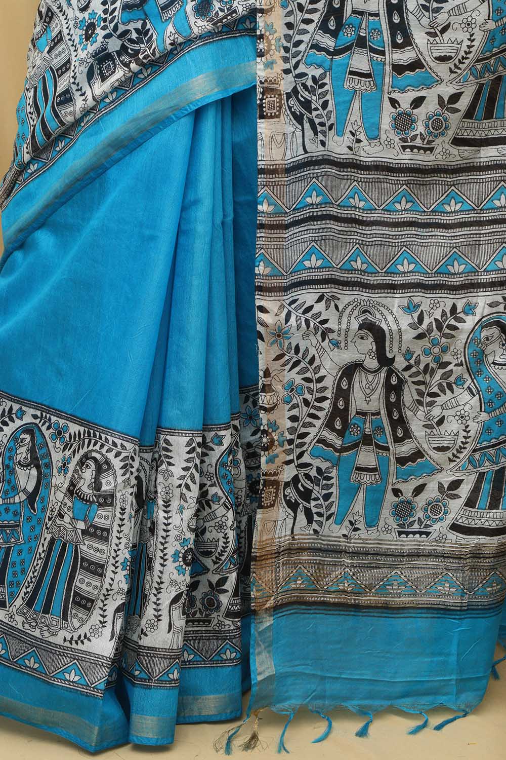 Blue Madhubani Digital Printed Cotton Silk Saree - Elegant Design - Luxurion World