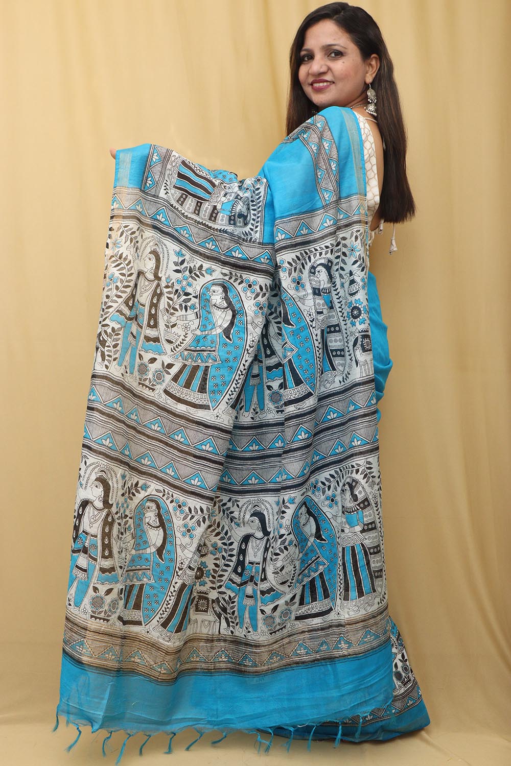 Blue Madhubani Digital Printed Cotton Silk Saree - Elegant Design - Luxurion World