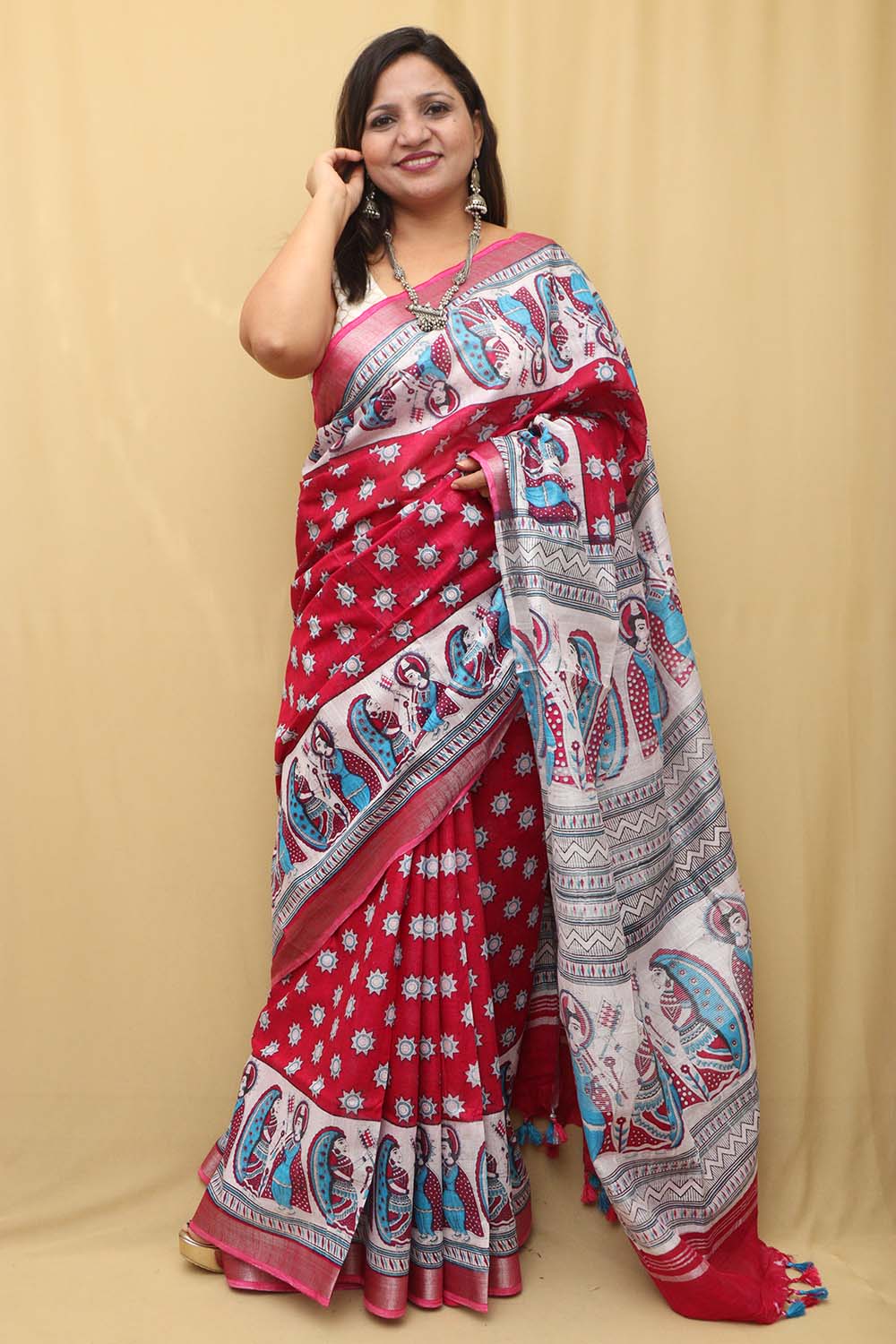 Stunning Pink Madhubani Digital Printed Cotton Silk Saree - Luxurion World