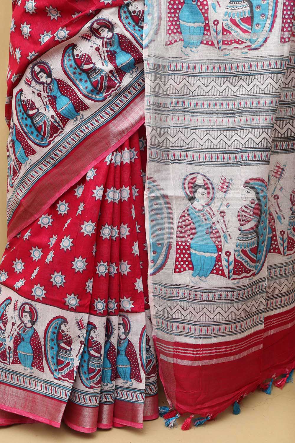 Stunning Pink Madhubani Digital Printed Cotton Silk Saree - Luxurion World