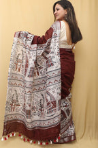 Brown Madhubani Digital Printed Cotton Silk Saree - Luxurion World