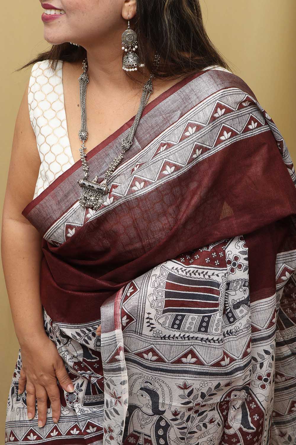 Brown Madhubani Digital Printed Cotton Silk Saree - Luxurion World