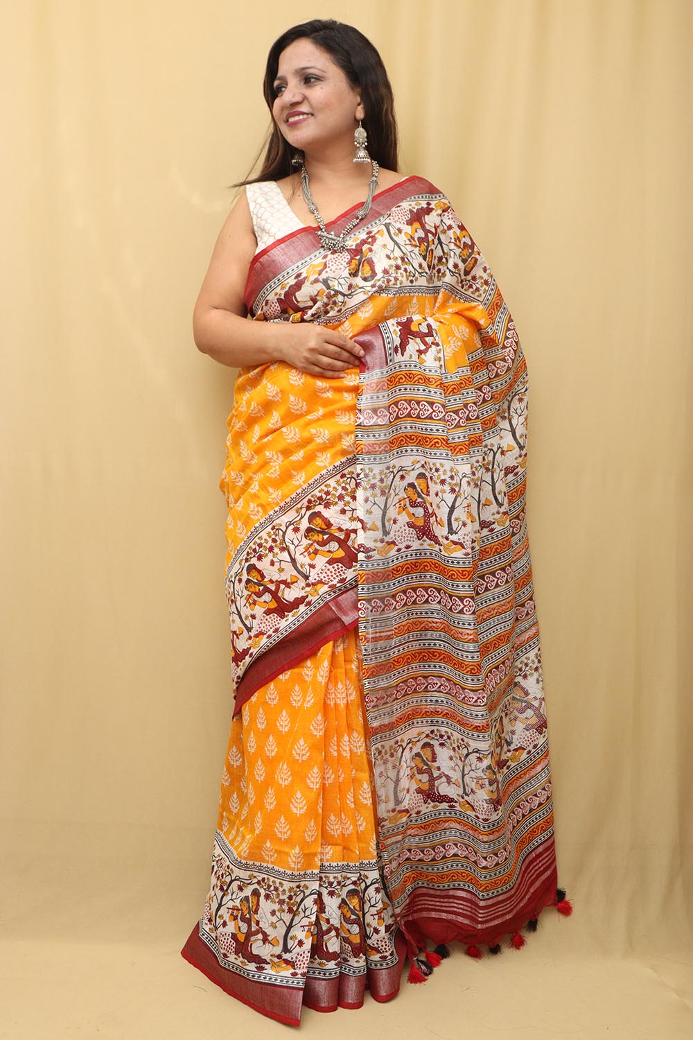 Vibrant Yellow Madhubani Cotton Silk Saree with Digital Print - Luxurion World