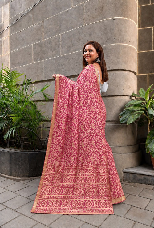 IS1M1BK426081201 Pink Kalamkari Design Bhagalpur Silk Saree