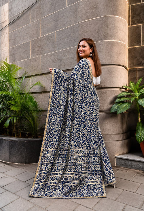 Blue Kalamkari Design Bhagalpur Silk Saree
