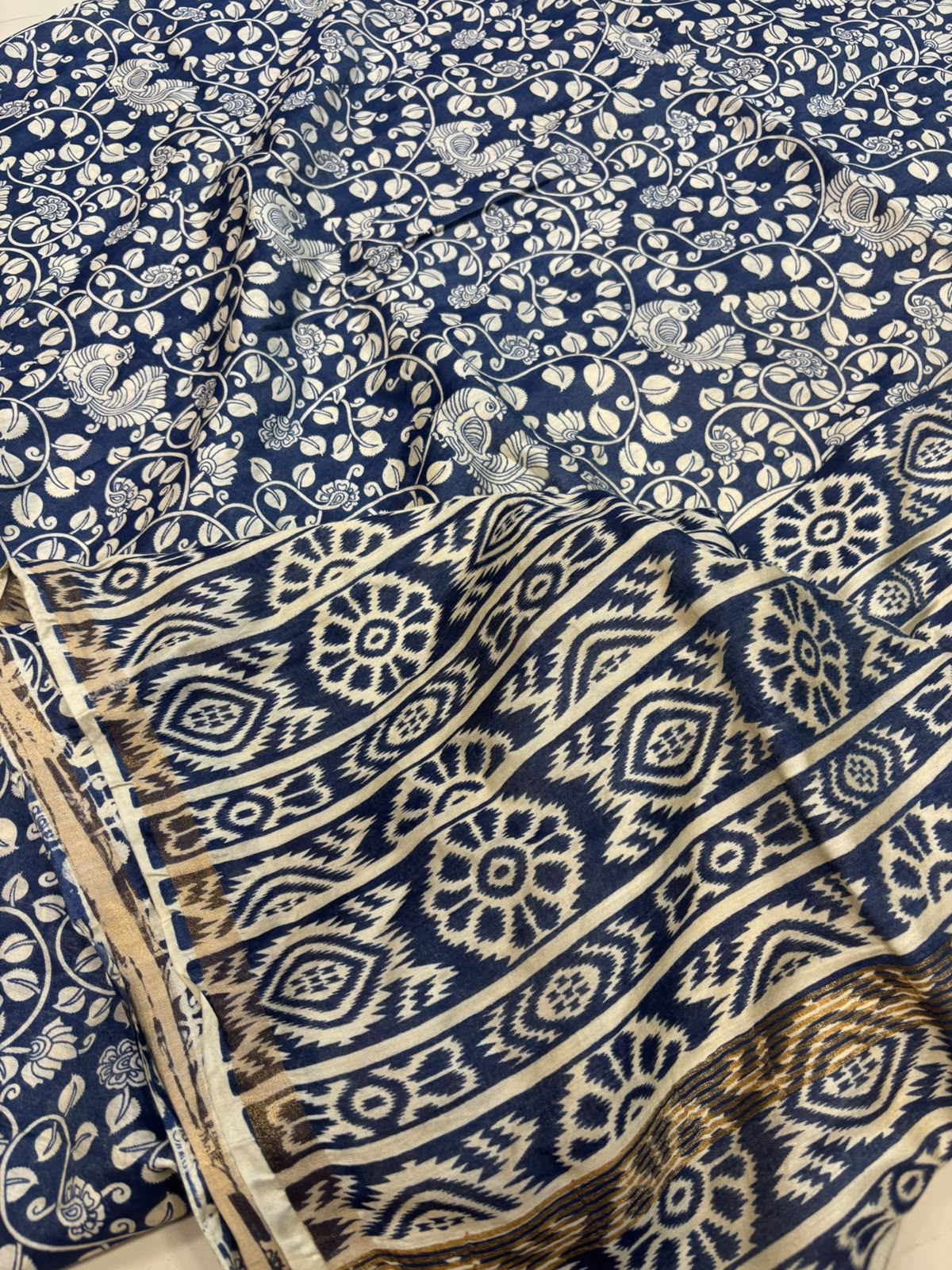 Blue Kalamkari Design Bhagalpur Silk Saree