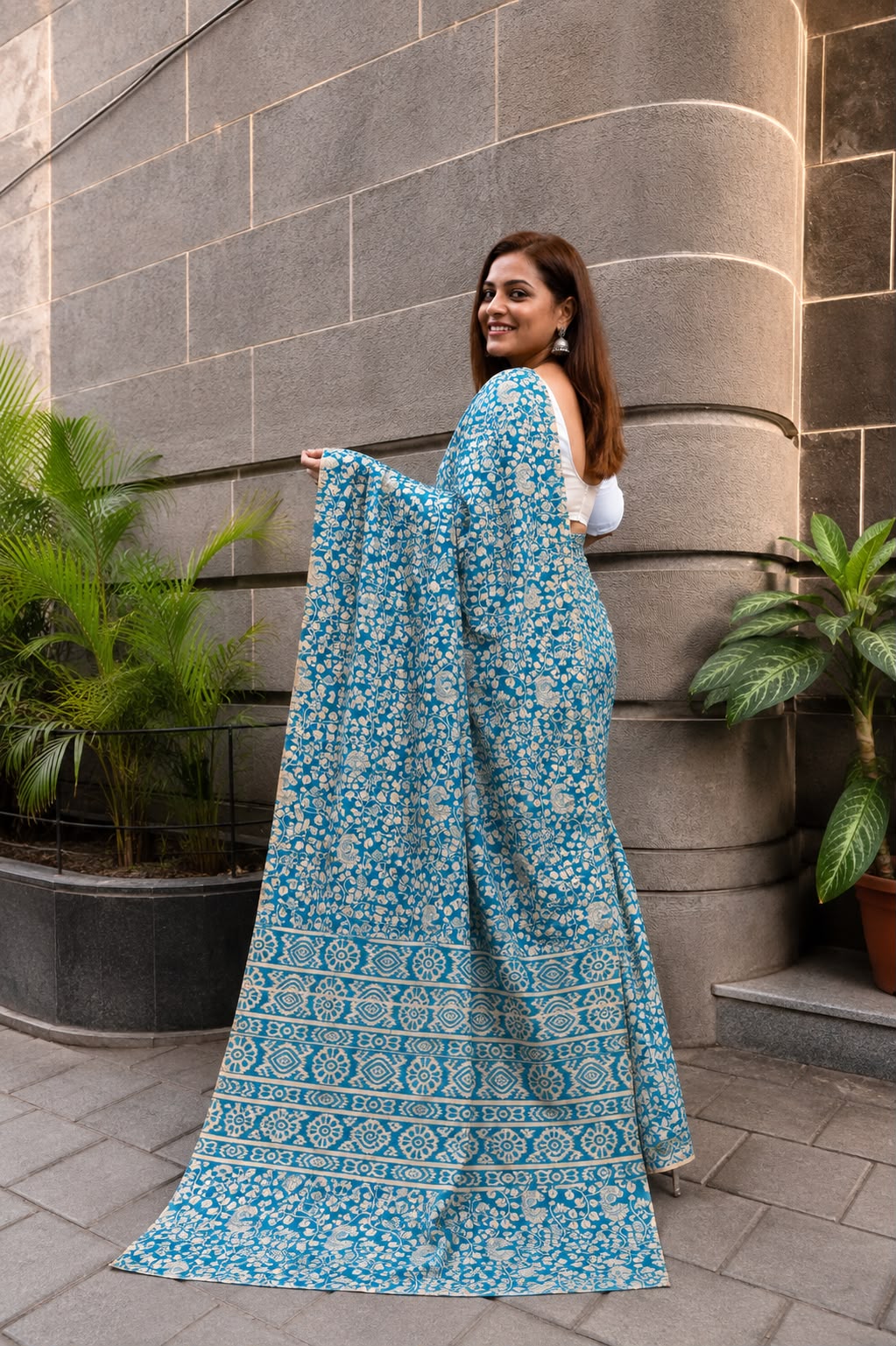 Light Blue Kalamkari Design Bhagalpur Silk Saree